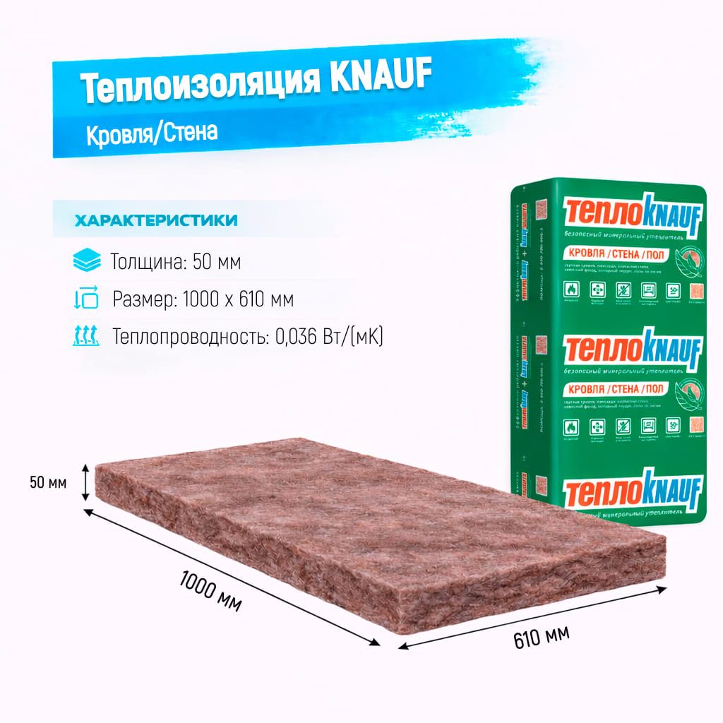 Утеплитель Knauf Кровля/Стена стекловолоконная плита 1000х610х50мм