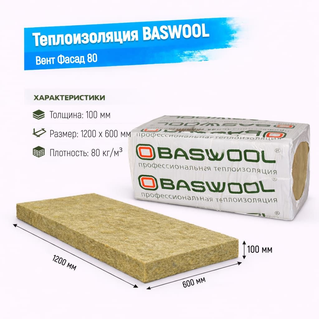 Утеплитель BASWOOL Вент Фасад 80 базальтовая плита 1200х600х100мм